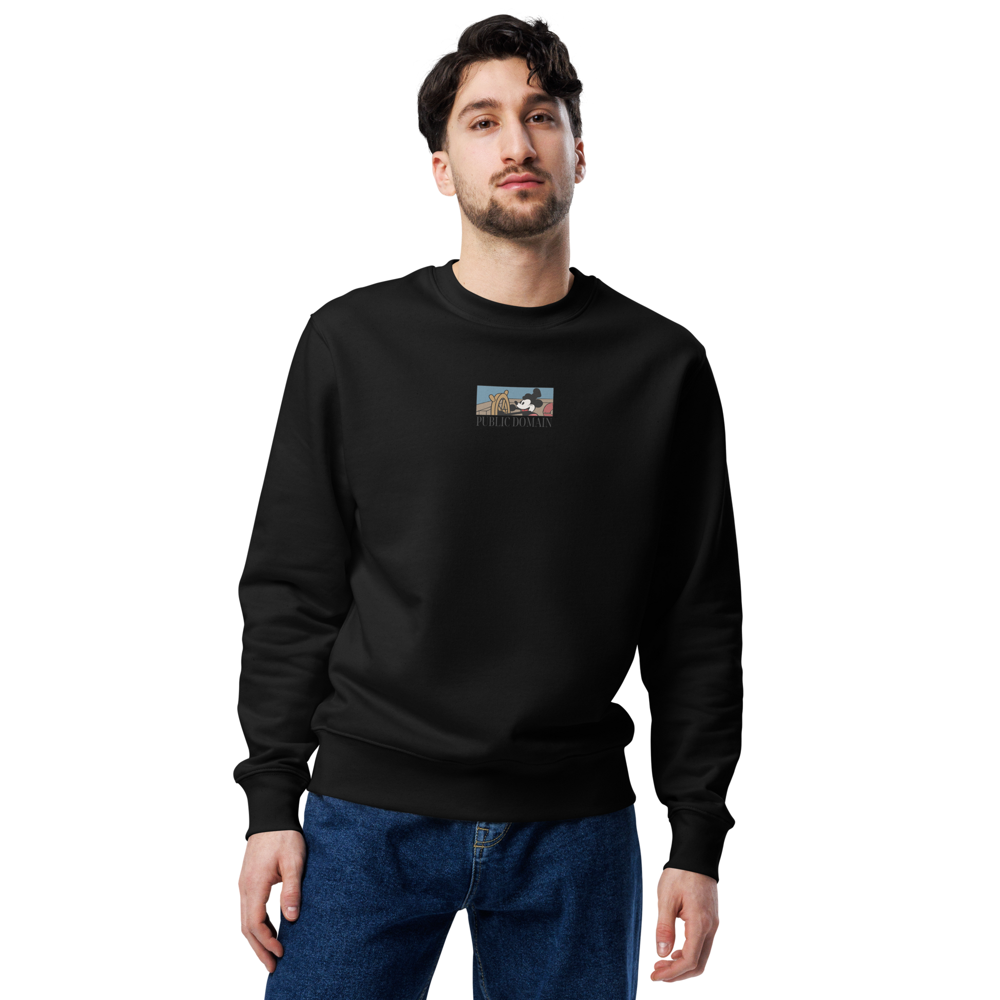 Model (Man) with Black Steamboat Willie Disney sweatshirt