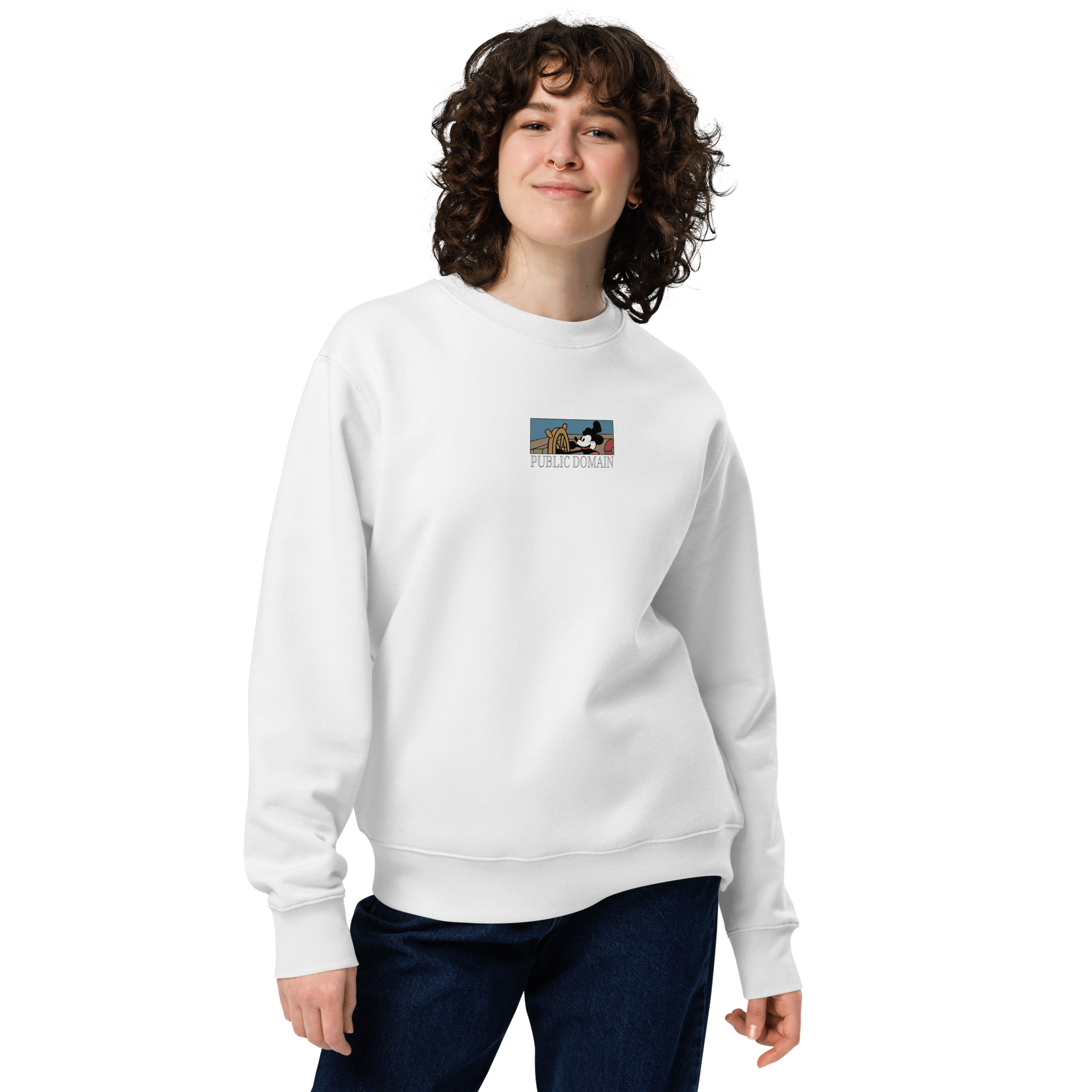 Girl with white Steamboat Willie Disney sweatshirt