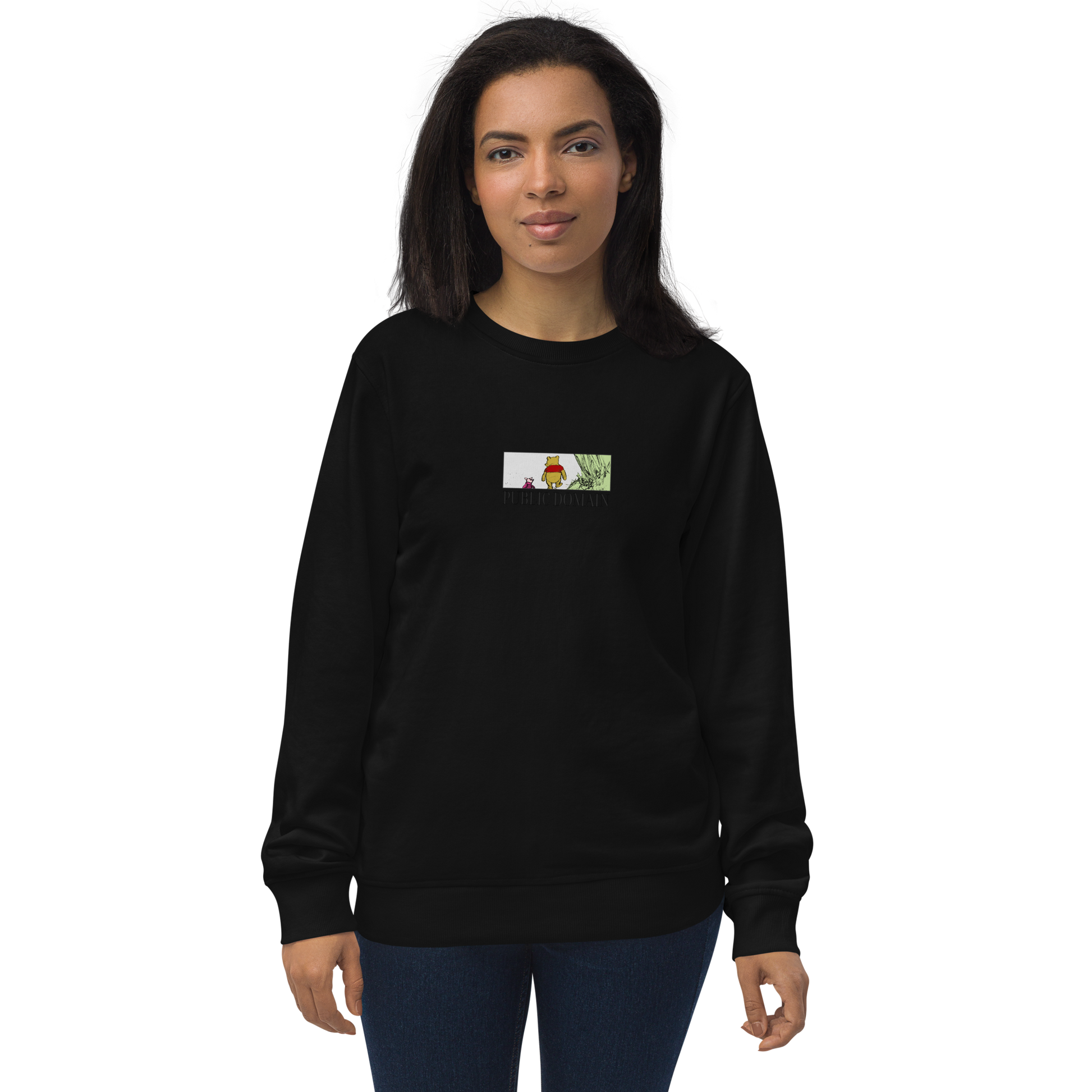 Woman Wearing Black Winnie the Pooh Sweatshirt